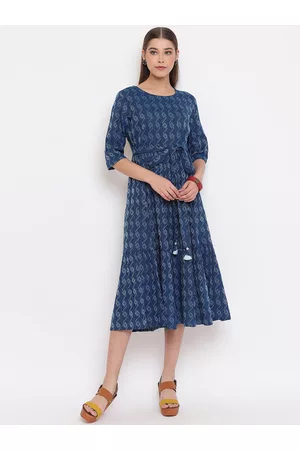 Janasya Women Geometric Print Tie-Ups Midi Tiered Dress