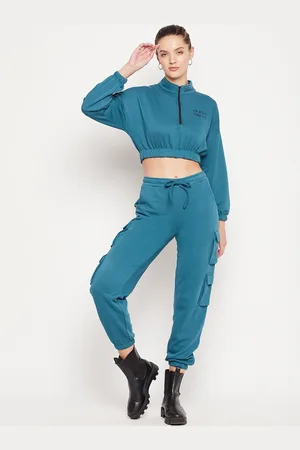 EDRIO Women Blue Solid Crop Top With Joggers