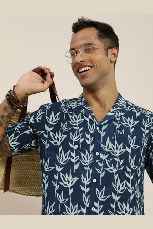 Taavi Men Navy Blue & White Indigo Hand Block Printed Pure Cotton Shirt With Pocket Detail