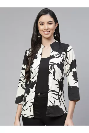 Cottinfab Women Black & White Printed Tropical Shrug