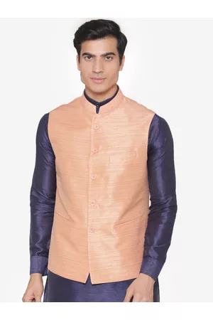 MANQ Men Peach-Coloured Solid Nehru Jacket