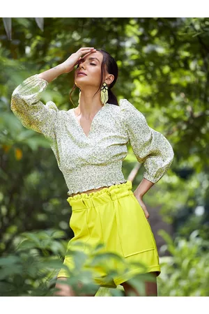 ATHENA Women Yellow Floral Print Smoked Detail Peplum Top