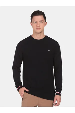 Arrow Men Black Solid Round Neck Cotton Pullover