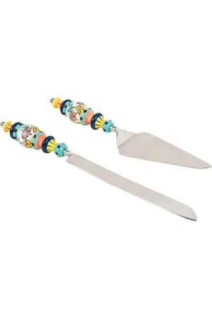 Chumbak Blue & Green Set Of 2 Floral Printed Hand-painted Stainless Steel Cake Server Set
