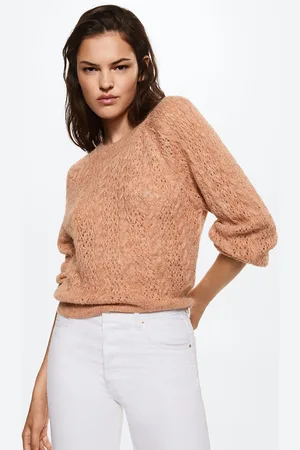 MANGO Women Beige Open Knit Sustainable Pullover