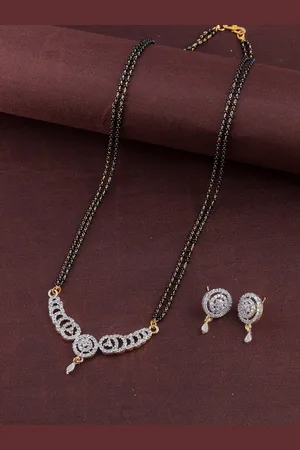 Brandsoon Gold-Plated & Black Beaded AD-Studded Brass Mangalsutra With Earrings
