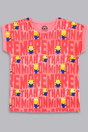 Kidsville Girls Pink & Yellow Minion Printed Cotton Tshirt