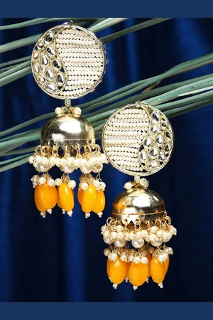 karatcart Women Yellow Gold Plated Contemporary Kundan Jhumkas Earrings