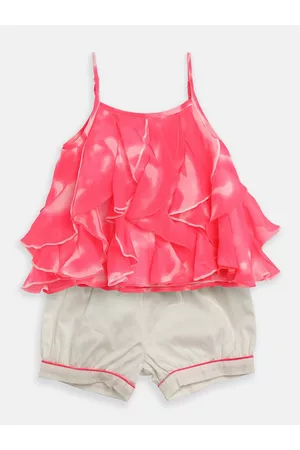 Nauti Nati Girls Pink & Off-White Solid Top with Shorts