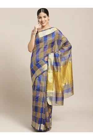 Chhabra 555 Blue & Yellow Checked Chanderi Saree