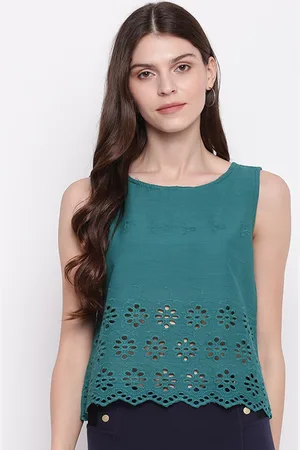 Mayra Women Teal Self Design Pure Cotton Top