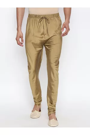 Pantaloons Men Churidars - Men Gold-Coloured Solid Mid-Rise Churidar