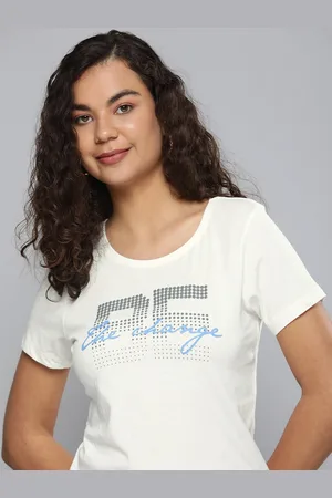 HERE&NOW Women Off White & Black Typography Printed Pure Cotton T-shirt