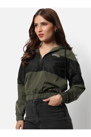 Campus Women Olive Green Colourblocked Windcheater Crop Outdoor Bomber Jacket