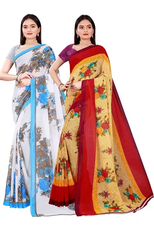 Florence Pack Of 2 Women Beige & White Printed Pure Georgette Saree With Unstitched Blouse