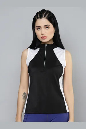 Fitkin Women Black & White Colourblocked High Neck Tennis T-shirt