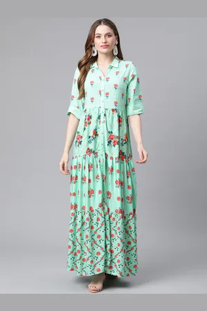 Rangriti Women Green Floral Ethnic A-Line Maxi Dress
