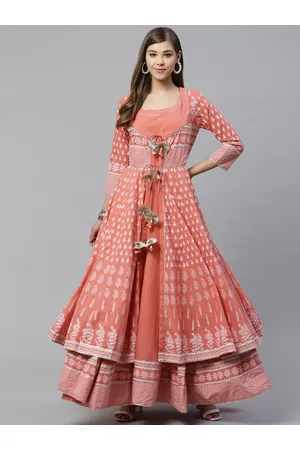 Divena World Women Peach-Coloured Gotta Patti Printed Cotton Anarkali With Long Ethnic Jacket