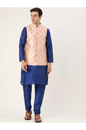 SOJANYA Men Blue & Pink Self-Design Kurta with Churidar & Nehru Jacket