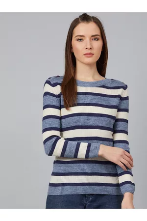 Cayman Women Blue & White Striped Acrylic Pullover