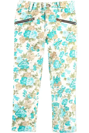 Cherry Crumble Girls Green & Yellow Floral Printed Stretchable Jeans
