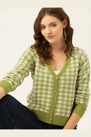DressBerry Women Green & White Checked Printed Cardigan