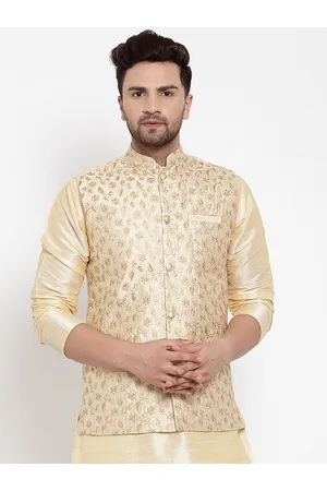 Kraft Men Beige & Gold Silk Embroidered Nehru Jacket