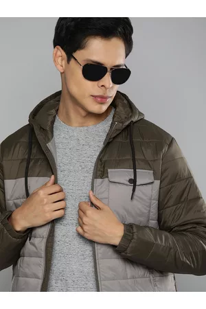 Indian Terrain Men Olive Green & Grey Colourblocked Padded Jacket