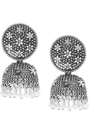 Shivansh Women Oxidised Silver-Toned Contemporary Jhumkas Earrings