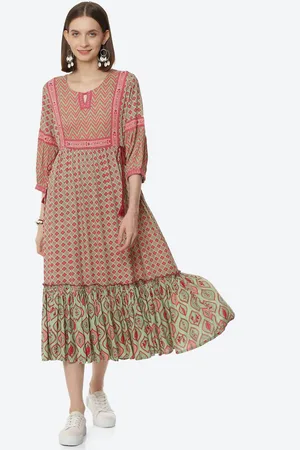 Rangriti Women Green & Pink Keyhole Neck A-Line Midi Dress