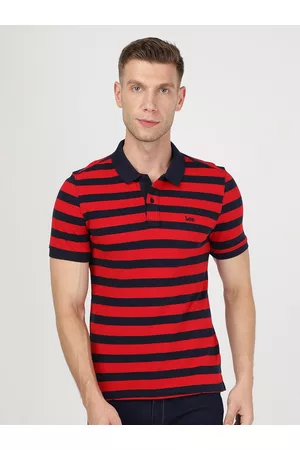 Lee Men Blue & Red Striped Polo Collar Slim Fit T-shirt