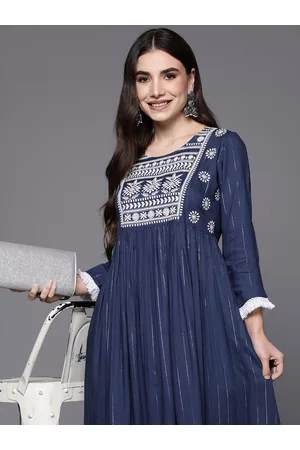 Indo Era Blue Ethnic Motifs Embroidered Ethnic A-Line Midi Ethnic Dress