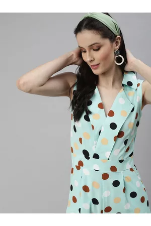 SHOWOFF Women Sea Green & Brown Printed Sleeveless Basic Jumpsuit