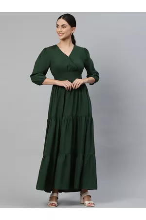 DEEBACO Women Green A-Line Tiered Maxi Dress