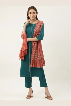 FIORRA Women Green Striped Kurta with Trousers & With Dupatta