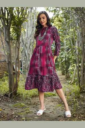 ATHENA Pink & Black Animal Tie-Up Neck Empire Dress
