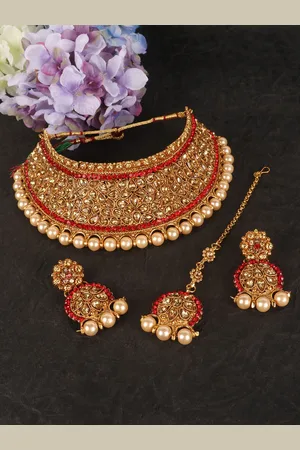 Penny Red & Gold Toned Gold Plated Bridal Kundan Studded Choker Set