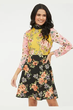 Harpa Women Black & Yellow Floral Printed A-Line Dress