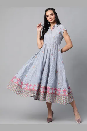 Rangriti Women Blue & White Striped Midi Fit & Flare Dress