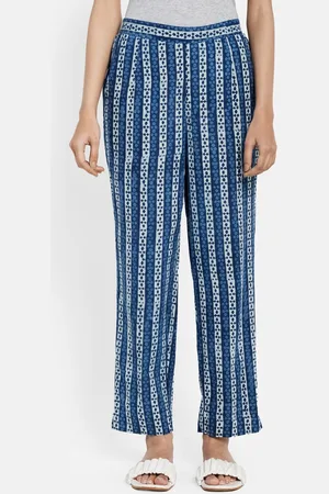 Fabindia FabBasic Women Blue Striped Original Pleated Trousers