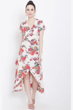 DODO & MOA Women Beige Floral Crepe Western Wear Midi Dress