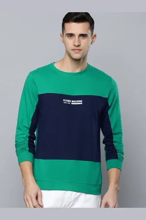 Flying Machine Men Green & Navy Blue Colourblocked Pure Cotton Pullover Sweatshirt