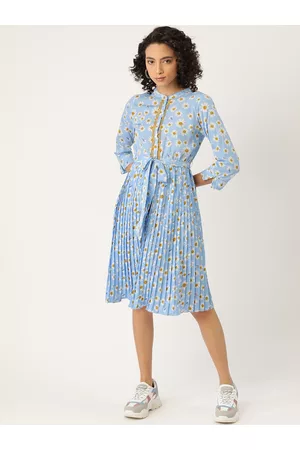 Antheaa Women Blue & White Floral Print Accordion Pleated Fit and Flare Dress & Belt