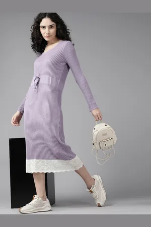 Roadster Lavender & White Sheath Midi Belted Dress