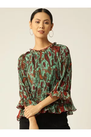 Antheaa Women Red & Orange Ethnic Motif Print Puff Sleeves with Ruffles Chiffon Top