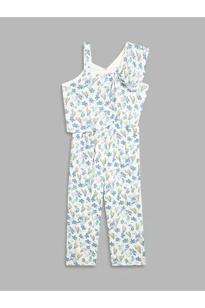 Elle Girls White & Blue Printed Basic Jumpsuit