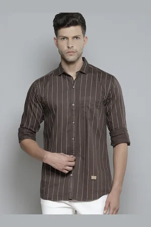 DENNISON Men Brown & White Striped Smart Slim Fit Opaque Casual Shirt