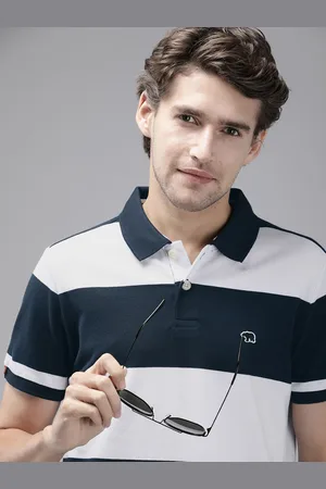 The Bear House Men Navy Blue & White Striped Polo Collar Slim Fit T-shirt
