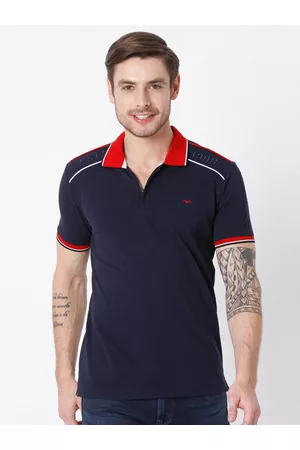 Mufti Men Navy Blue Polo Collar Slim Fit Pure Cotton T-shirt