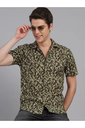 Rigo Men Olive Green Relaxed Printed Casual Shirt